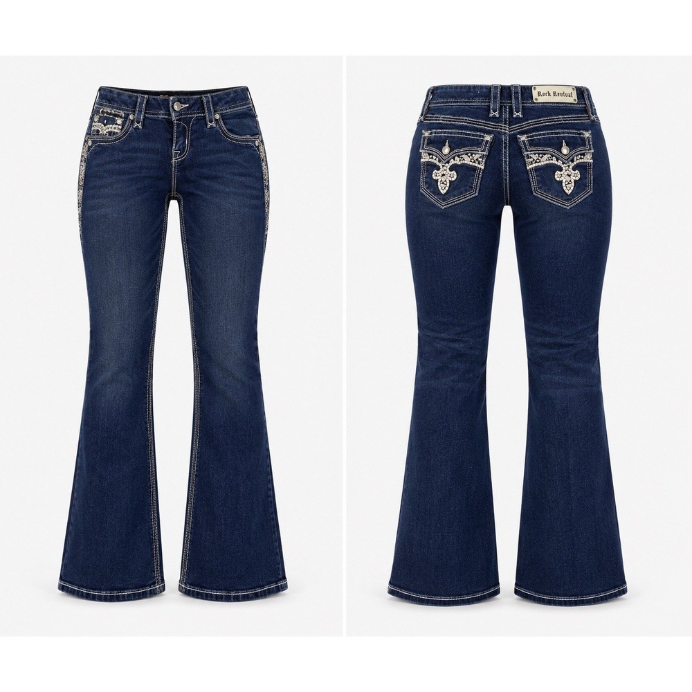 Rock Revival Yui Easy Boot‎ Women's 28 Jeans Dark Wash Embellished Flap Pocket